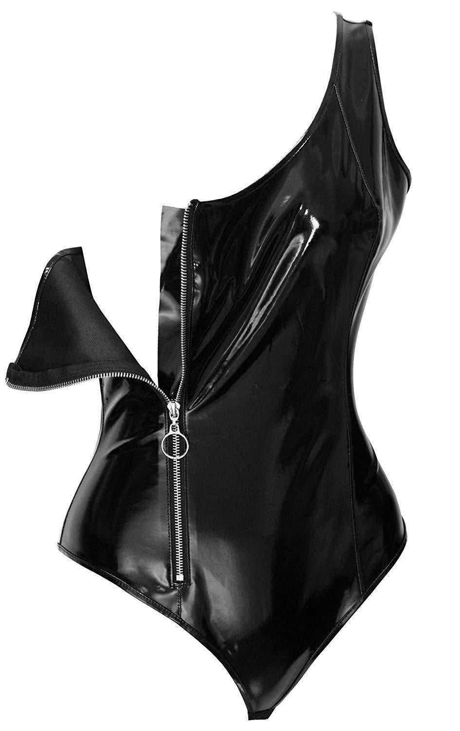 Back view of one-shoulder shiny vinyl bodysuit