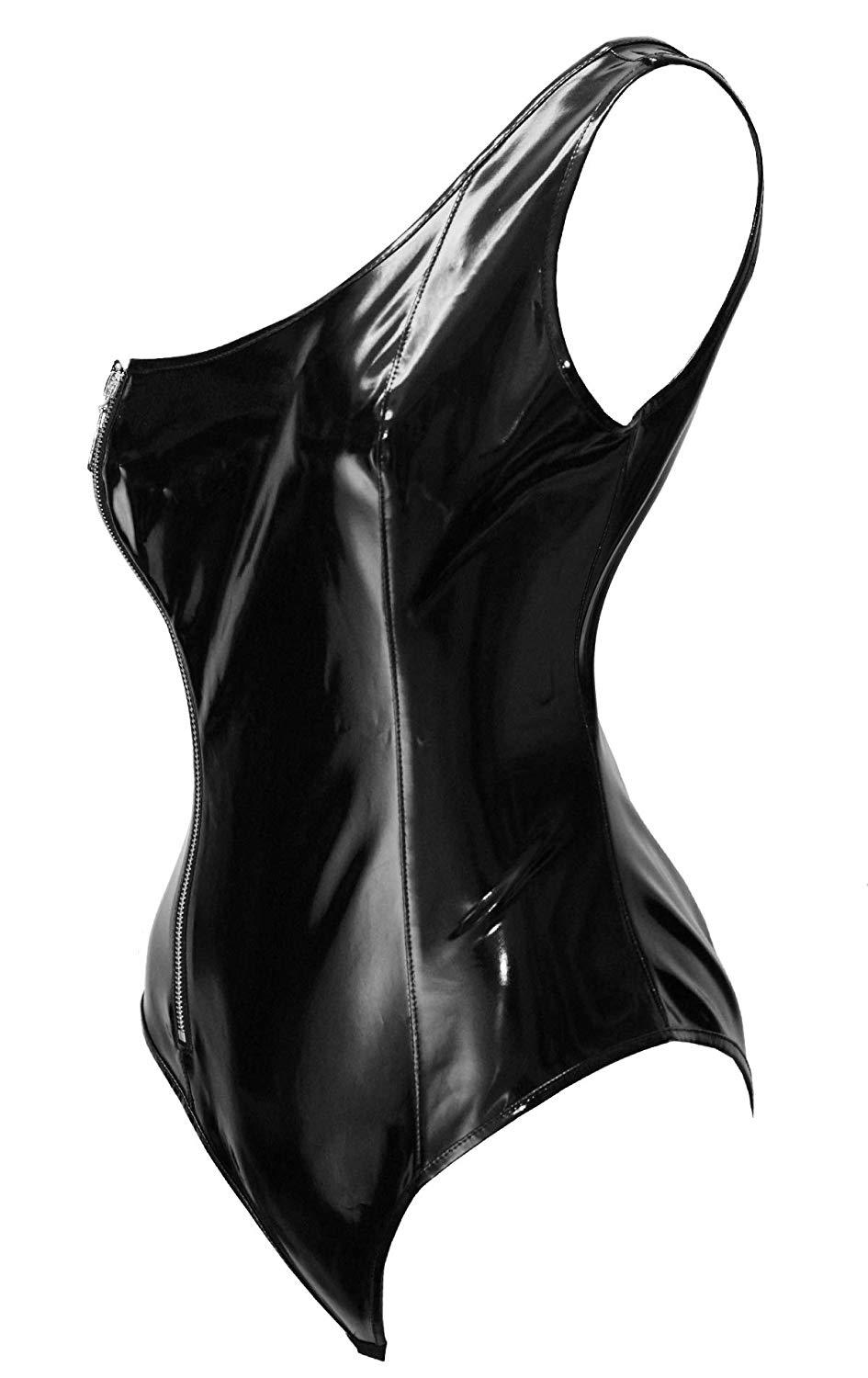 Detailed image of vinyl bodysuit's glossy texture