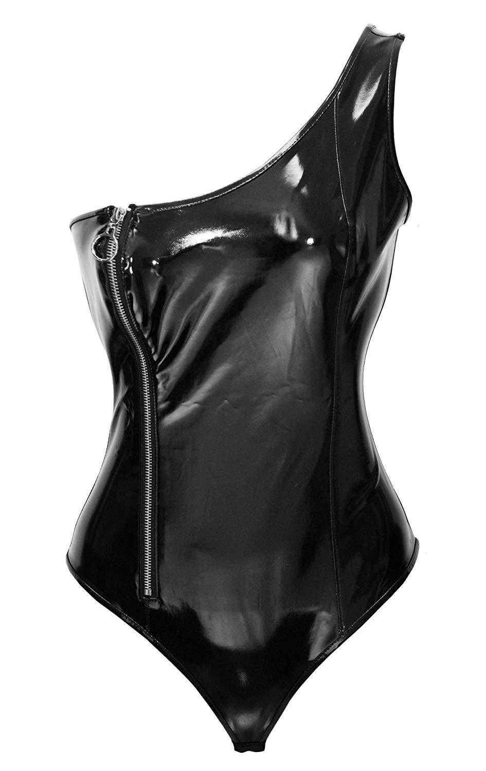 Model wearing shiny black vinyl one-shoulder bodysuit