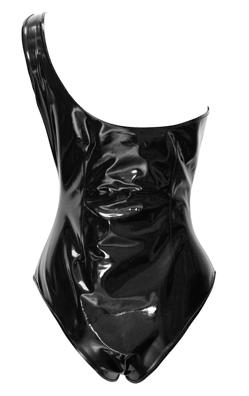 Black vinyl bodysuit close-up with zipper