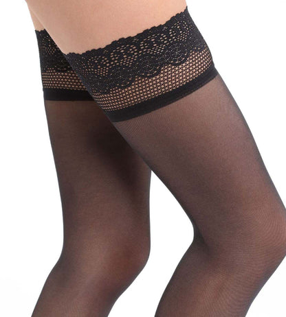 Black lace-trimmed sheer stockings on a white background