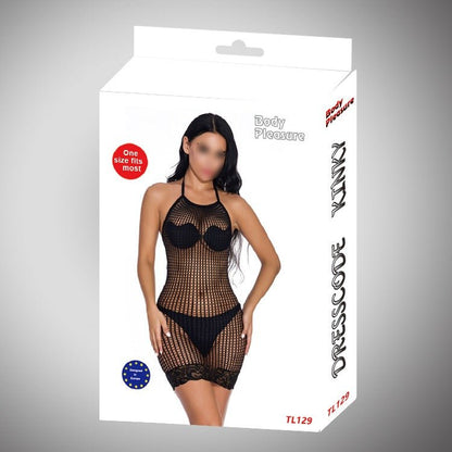 Lace Trim Halter Fishnet Mini Dress
