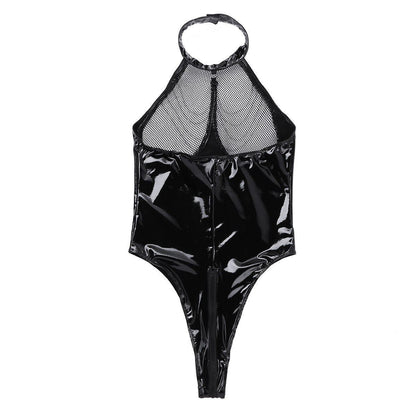 side view faux leather bodysuit with fishnet chest design