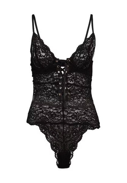 Black lace lingerie set on a white background